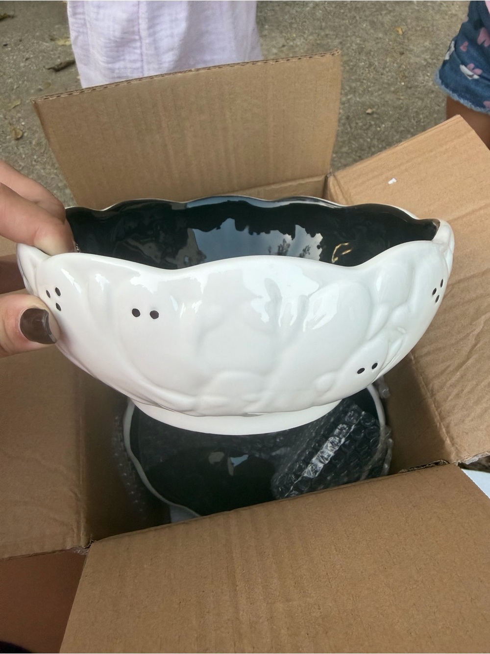 White Ceramic Decorative Bowl with Glossy Black Interior - Home Art